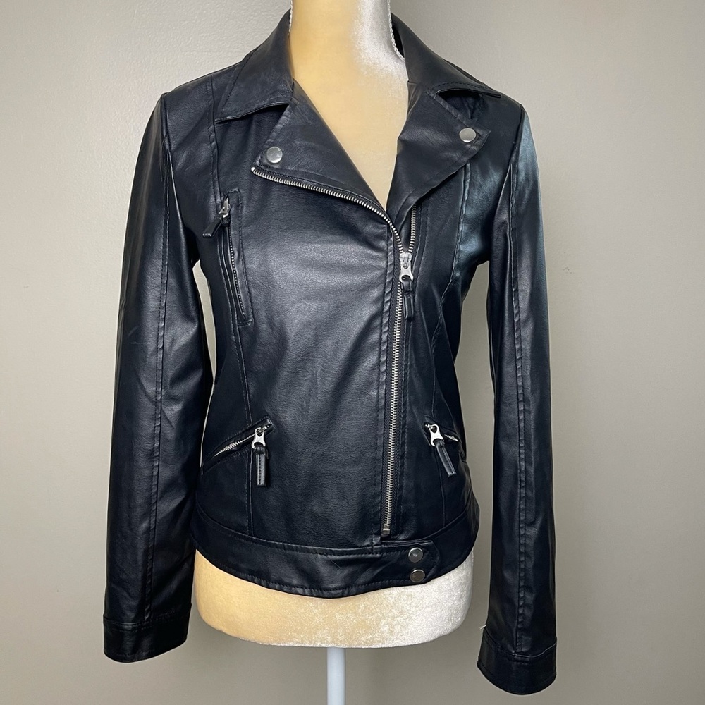 Miss Selfie Black Faux Leather Biker Jacket, Small